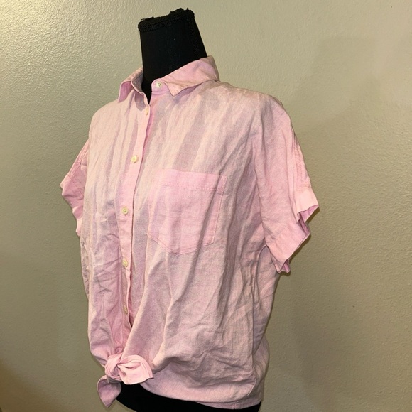 Madewell Pink Short Sleeve Button-Up Top Tie Front Linen Blend - Picture 3 of 8